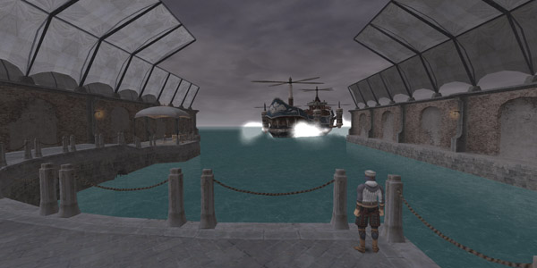 One of the airships, symbol of the wealth and influence of Jeuno, lands in the port.