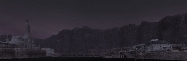Night view of Port Bastok, where the Airship lands