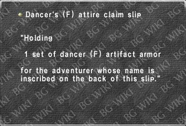Dancer's (F) attire claim slip