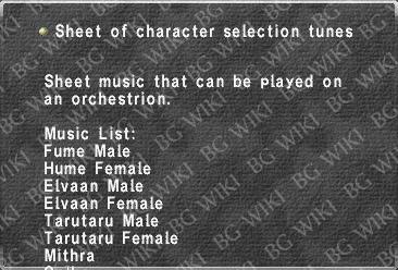 Sheet of character selection tunes